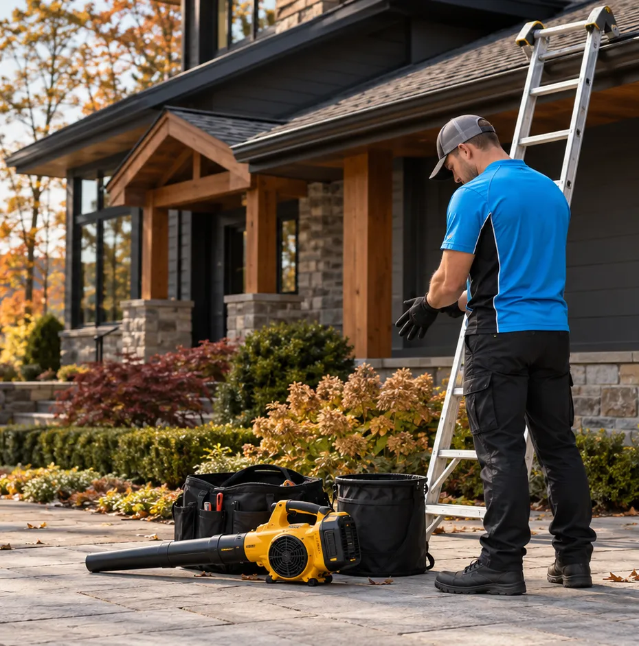 First Choice technician with a ladder checking a home's gutters